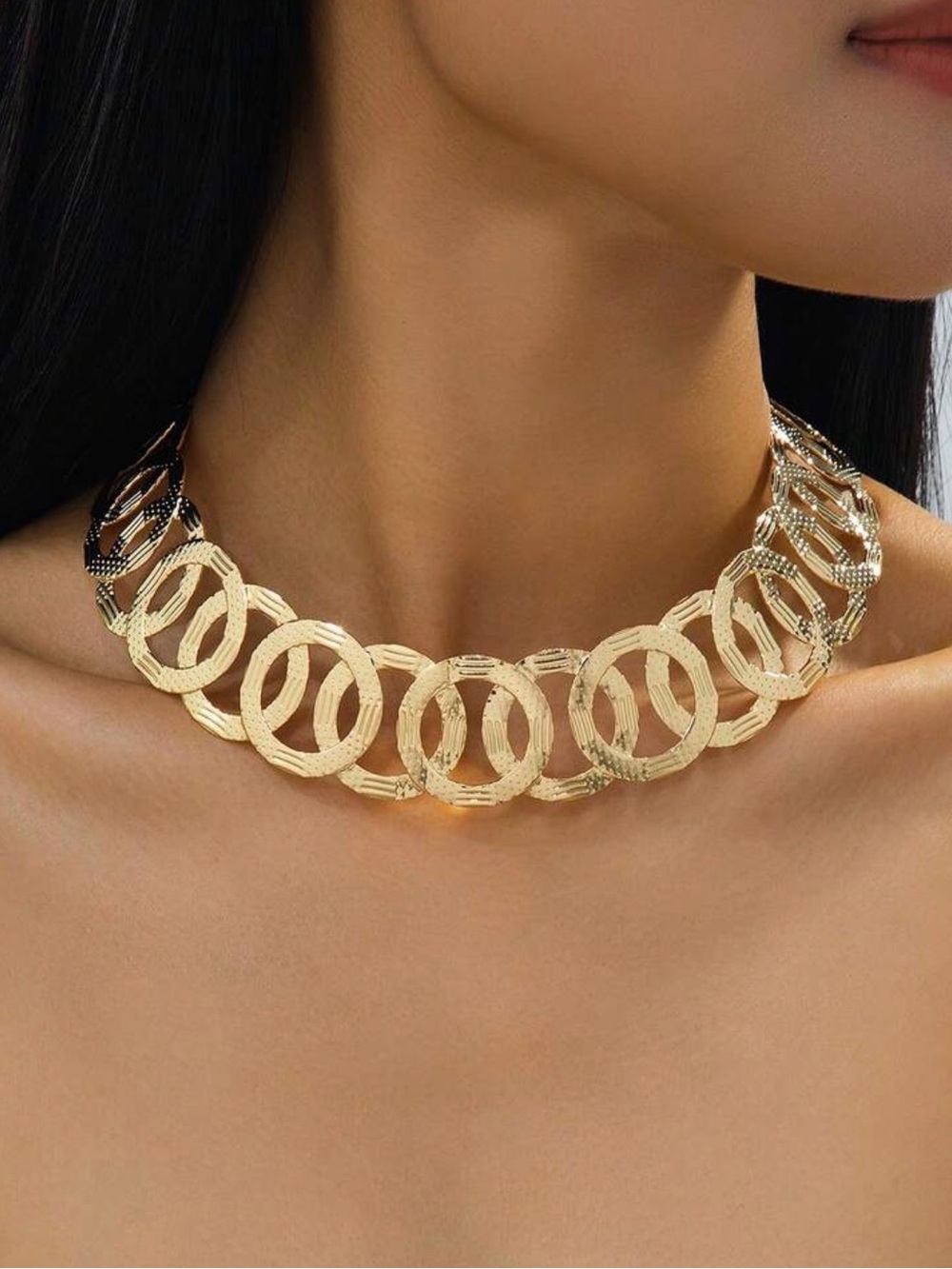 Gold Linked Circle Choker Necklace - Women Jewelry